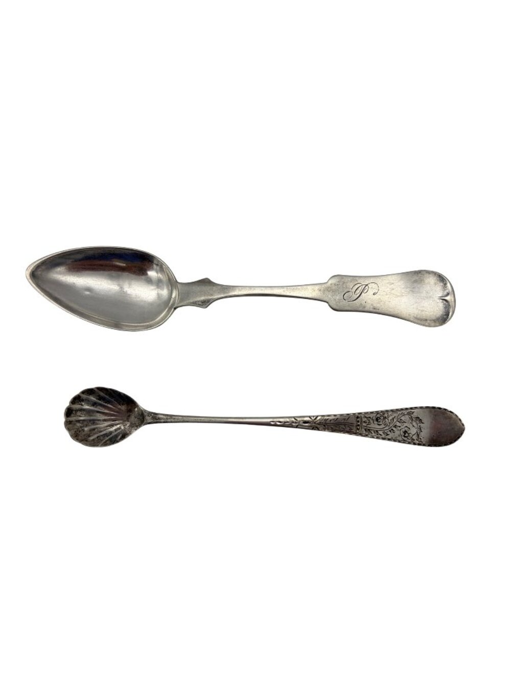 Antique Coin Silver Spoons W.W. Cary Fiddle Handle W.P. Jones Shell Salt 1800s
